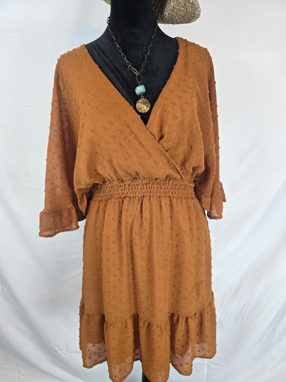 Altar'd State Rust Orange Swiss Dot Wrap Midi Dress